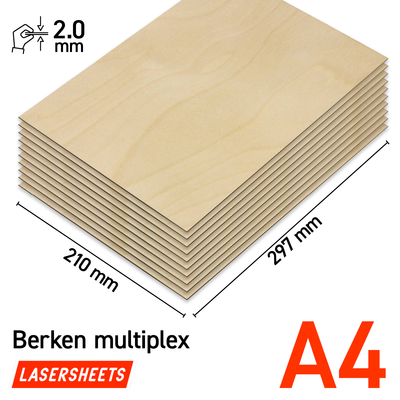 Lasersheets 10 x A4 Contreplaqué de bouleau 2mm | 210 x 297 mm | Pack avantage | Pour découpe laser, modélisme, loisirs, CNC, pyrogravure