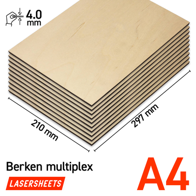 Lasersheets 10 x A4 Contreplaqué de bouleau 4mm | 210 x 297 mm | Pack avantage | Pour la découpe laser, le modélisme, les loisirs créatifs, le CNC, la pyrogravure