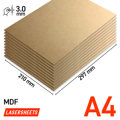 Lasersheets 10 x A4 MDF 3 mm | 210 x 297 mm | Pack avantage | Pour la découpe laser, le modélisme, les loisirs, la CNC, la pyrogravure