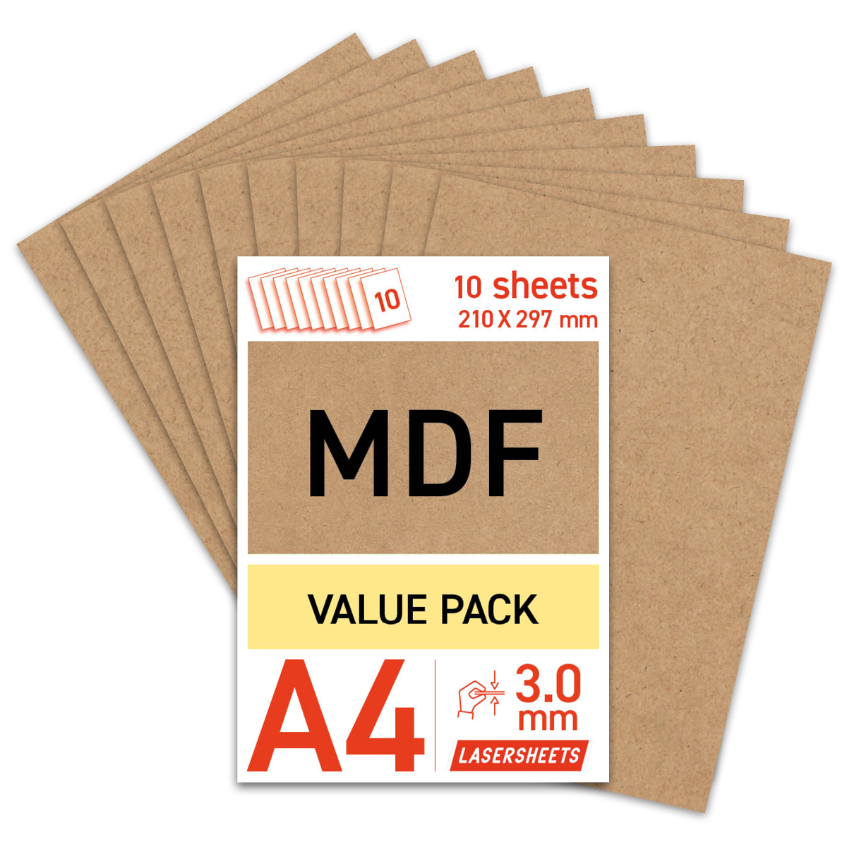 Lasersheets 10 x A4 MDF 3 mm | 210 x 297 mm | Pack avantage | Pour la découpe laser, le modélisme, les loisirs, la CNC, la pyrogravure