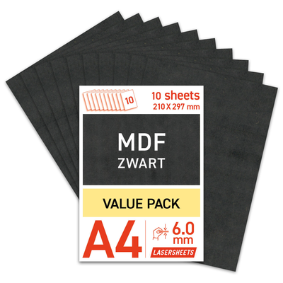 Lasersheets 10 x A4 MDF Noir 6mm | 210 x 297 mm | Pack avantage | Pour découpe laser, modélisme, loisirs créatifs, CNC, pyrogravure