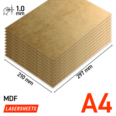 Lasersheets 10 x A4 1mm MDF | 210 x 297 mm | Pack avantage | Pour la découpe laser, le modélisme, les loisirs créatifs, le CNC, la pyrogravure