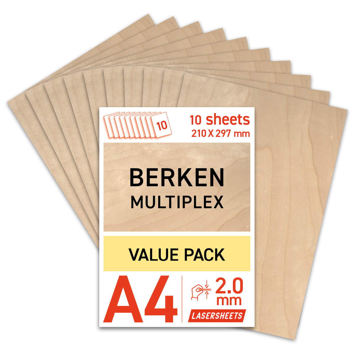 Lasersheets 10 x A4 Contreplaqué de bouleau 2mm | 210 x 297 mm | Pack avantage | Pour découpe laser, modélisme, loisirs, CNC, pyrogravure