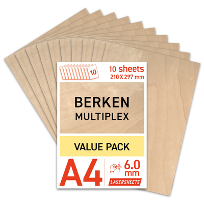 Lasersheets 10 x A4 Contreplaqué de bouleau 6mm | 210 x 297 mm | Pack avantage | Pour la découpe laser, le modélisme, les loisirs créatifs, le CNC, la pyrogravure