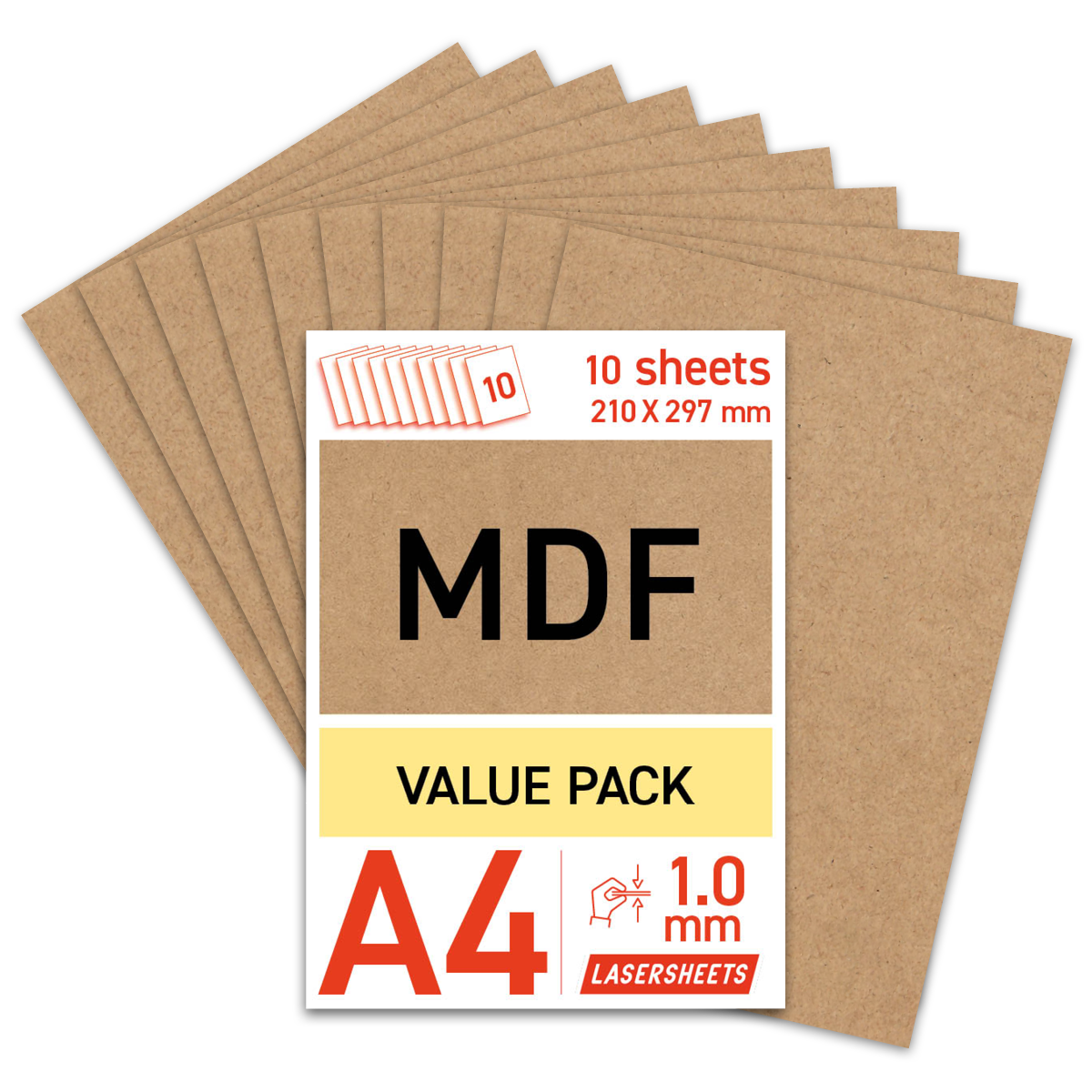 Lasersheets 10 x A4 1mm MDF | 210 x 297 mm | Pack avantage | Pour la découpe laser, le modélisme, les loisirs créatifs, le CNC, la pyrogravure