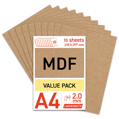 Lasersheets 10 x A4 MDF 2mm | 210 x 297 mm | Pack avantage | Pour la découpe laser, le modélisme, les loisirs, la CNC, la pyrogravure